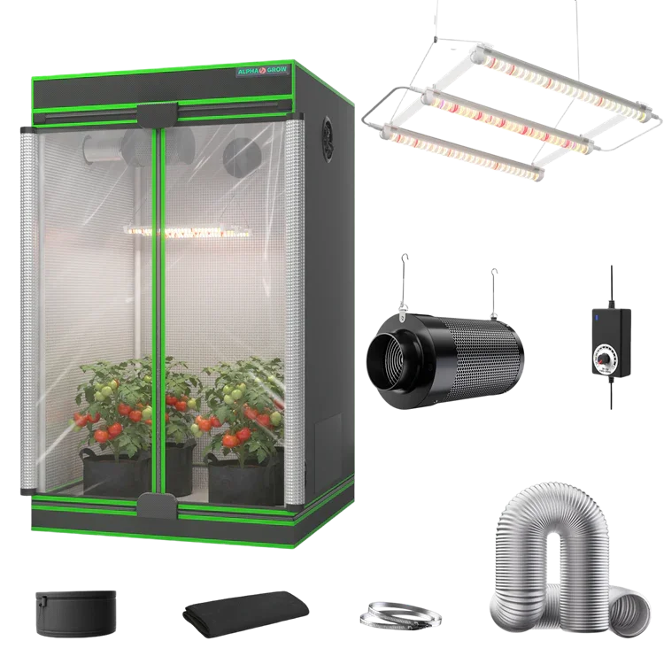 MIMEO indoor grow tent kit with LED grow light, inline fan, carbon filter, and ventilation ducting for stealth hydroponics