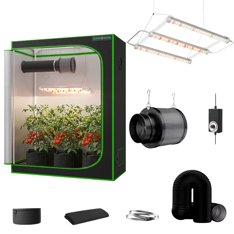 MIMEO indoor grow tent kit with LED grow light, inline fan, carbon filter, and stealth hydroponics setup