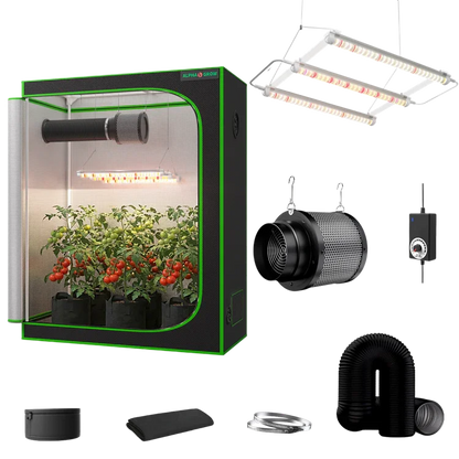MIMEO indoor grow tent kit with LED grow light, inline fan, carbon filter, and stealth hydroponics setup