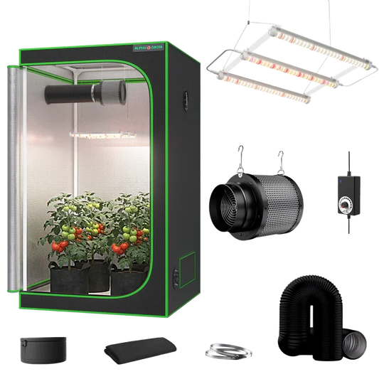 MIMEO indoor grow tent kit with LED light, inline fan, carbon filter, and stealth hydroponics setup for home gardening