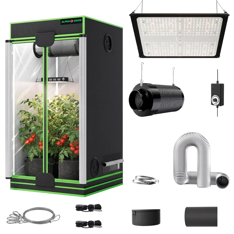 MIMEO indoor grow tent kit with LED light, inline fan, carbon filter, and hydroponic stealth growing gear