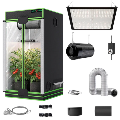 MIMEO indoor grow tent kit with LED light, inline fan, carbon filter, and hydroponic stealth growing gear