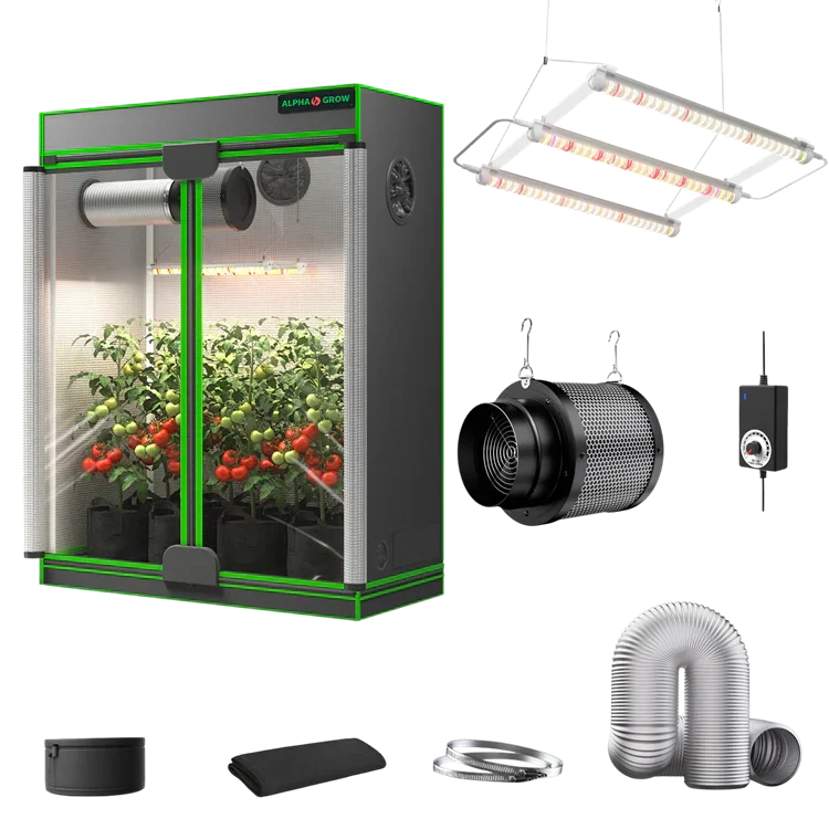 MIMEO indoor grow tent kit with LED light, inline fan, carbon filter, and hydroponic stealth growing setup