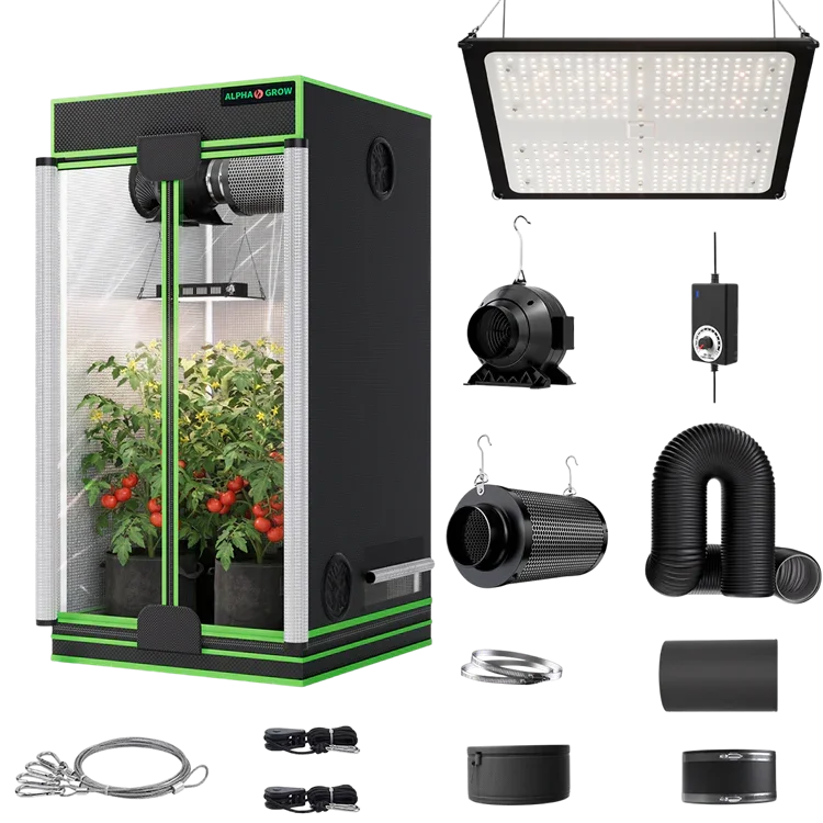MIMEO indoor grow tent kit with LED light, inline fan, carbon filter, and hydroponic stealth growing gear