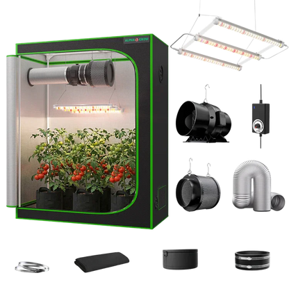 MIMEO indoor hydroponics grow tent kit with LED light, inline fan, carbon filter, and stealth growing equipment