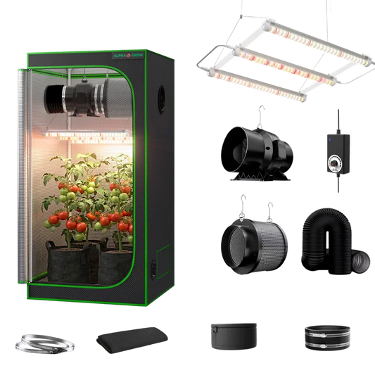 MIMEO indoor grow tent kit with LED grow light, inline fan, carbon filter, and stealth hydroponics setup for home gardening