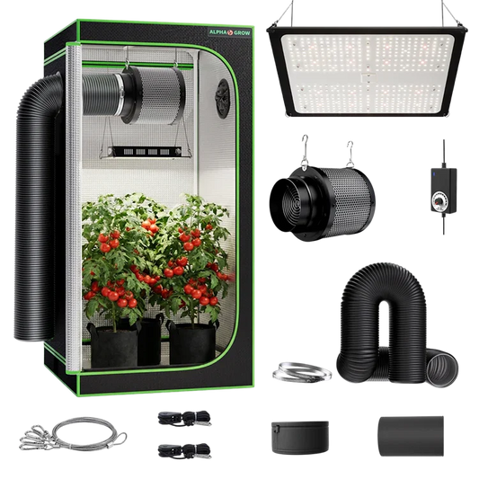 MIMEO indoor grow tent kit with LED light, inline fan, carbon filter, and hydroponic setup for stealth gardening