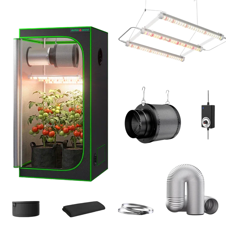 MIMEO indoor grow tent with LED light, carbon filter, and ventilation kit for hydroponic stealth growing
