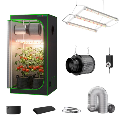 MIMEO indoor grow tent with LED light, carbon filter, and ventilation kit for hydroponic stealth growing
