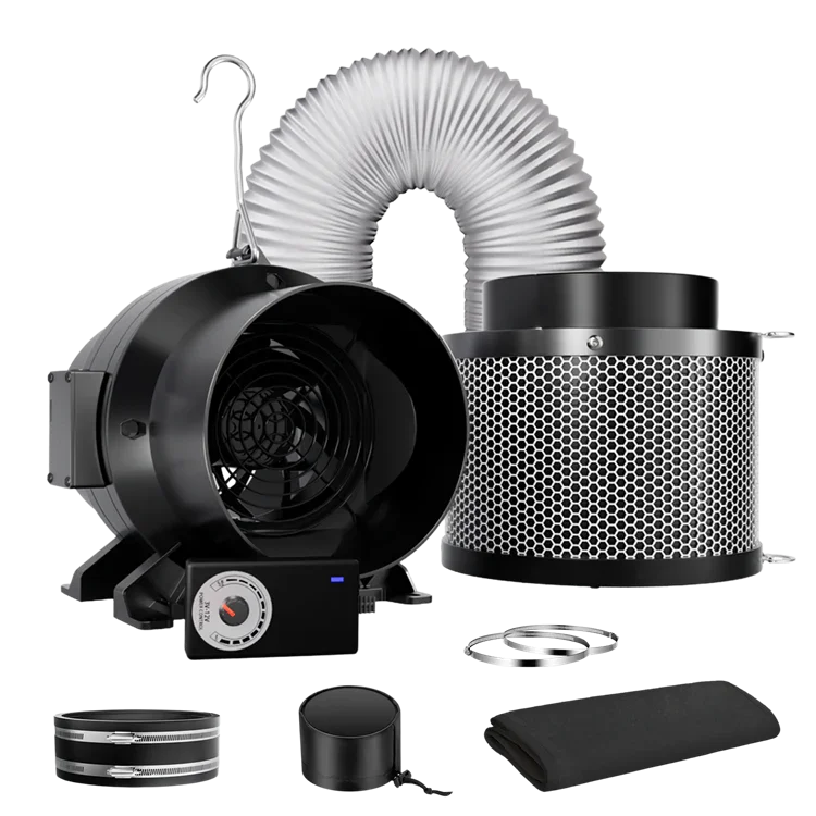 MIMEO inline fan with carbon filter and ducting for stealth indoor hydroponics grow setups