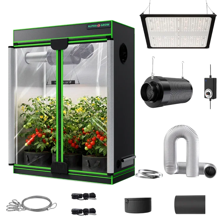 MIMEO indoor grow tent kit with LED light, inline fan, carbon filter, and hydroponic setup for stealth gardening
