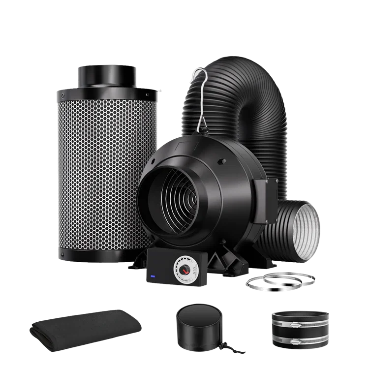 MIMEO hydroponics ventilation kit with carbon filter, inline fan, ducting, and accessories for stealth indoor growing