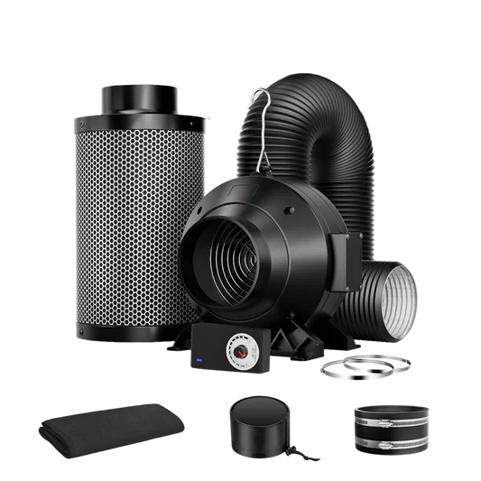 MIMEO hydroponics ventilation kit with carbon filter, inline fan, ducting, and accessories for stealth indoor growing