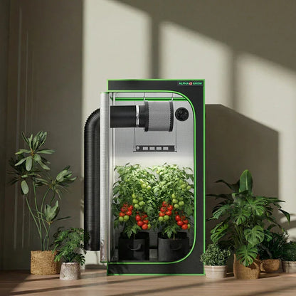 MIMEO indoor grow tent with LED light, inline fan, and thriving tomato plants for stealth hydroponic gardening