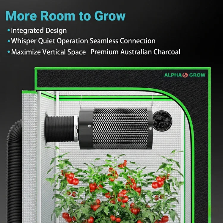 MIMEO indoor grow tent with LED light, carbon filter, and thriving tomato plants for stealth hydroponic gardening