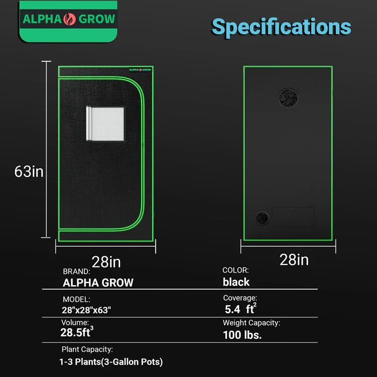 ALPHA GROW 28x28x63in indoor grow tent for stealth hydroponics, supports 1-3 plants, black, 5.4 ft² coverage