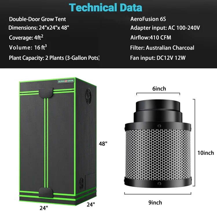 MIMEO Double-Door Grow Tent with AeroFusion 6S Carbon Filter for Indoor Hydroponics Stealth Growing
