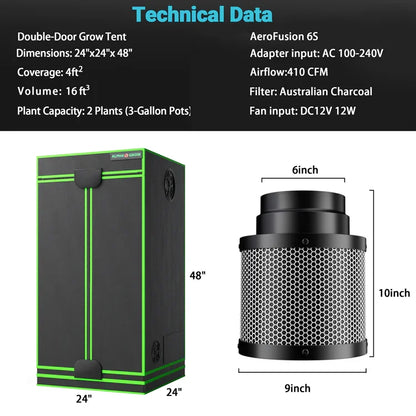 MIMEO Double-Door Grow Tent with AeroFusion 6S Carbon Filter for Indoor Hydroponics Stealth Growing