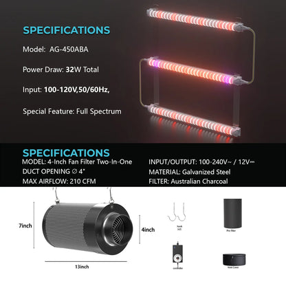 MIMEO LED Grow Light & 4-Inch Carbon Filter Kit for Indoor Hydroponics Stealth Growing