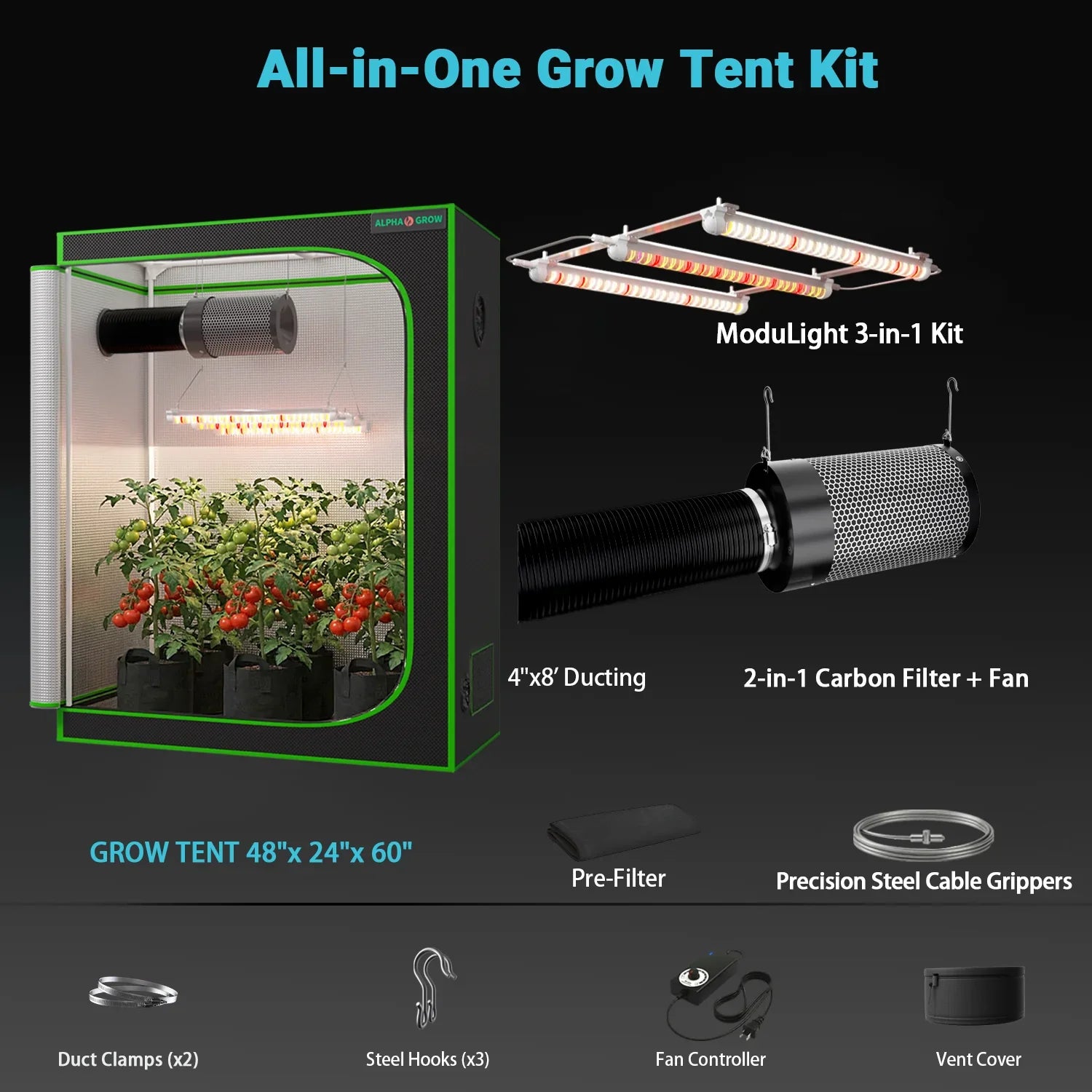 MIMEO All-in-One Grow Tent Kit with LED Light, Carbon Filter & Fan for Indoor Hydroponics