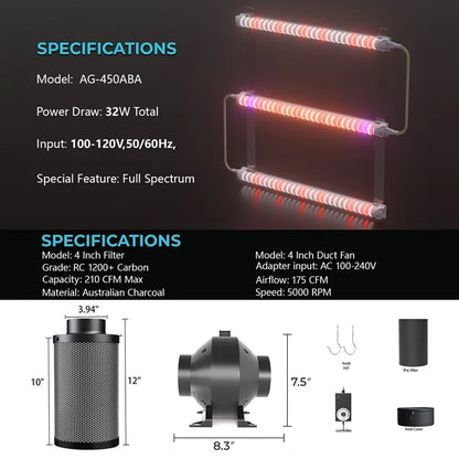 MIMEO LED Grow Light & 4 Inch Carbon Filter Kit for Indoor Hydroponics Stealth Growing