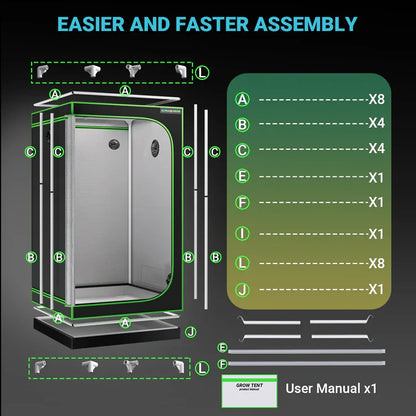 MIMEO Grow Tent assembly diagram with labeled parts for indoor hydroponics setup