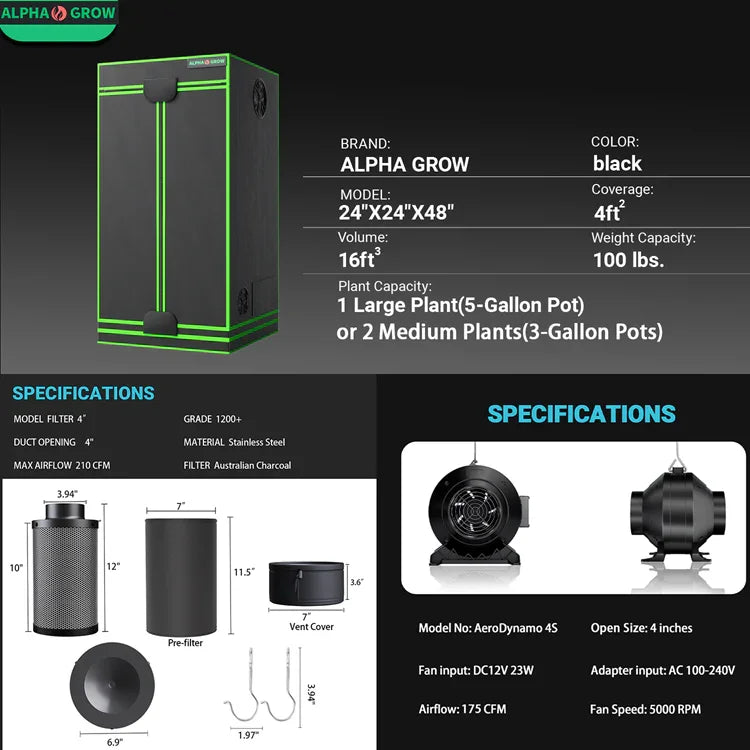 MIMEO indoor grow tent with LED light, carbon filter & inline fan for stealth hydroponic gardening