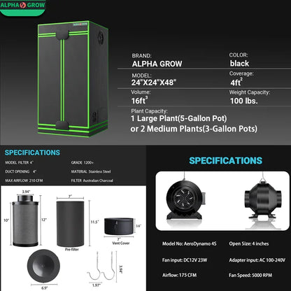 MIMEO indoor grow tent with LED light, carbon filter & inline fan for stealth hydroponic gardening
