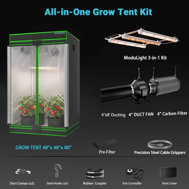 MIMEO All-in-One Grow Tent Kit with LED Light, Carbon Filter & Inline Fan for Stealth Indoor Hydroponics