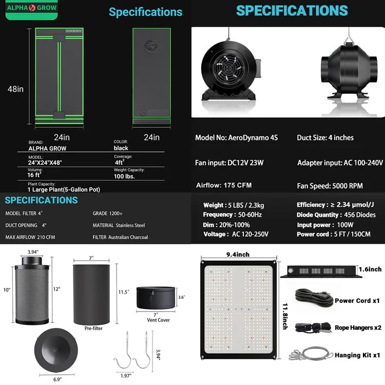 MIMEO Stealth Indoor Grow Tent Kit with LED Light, Inline Fan & Carbon Filter for Hydroponics
