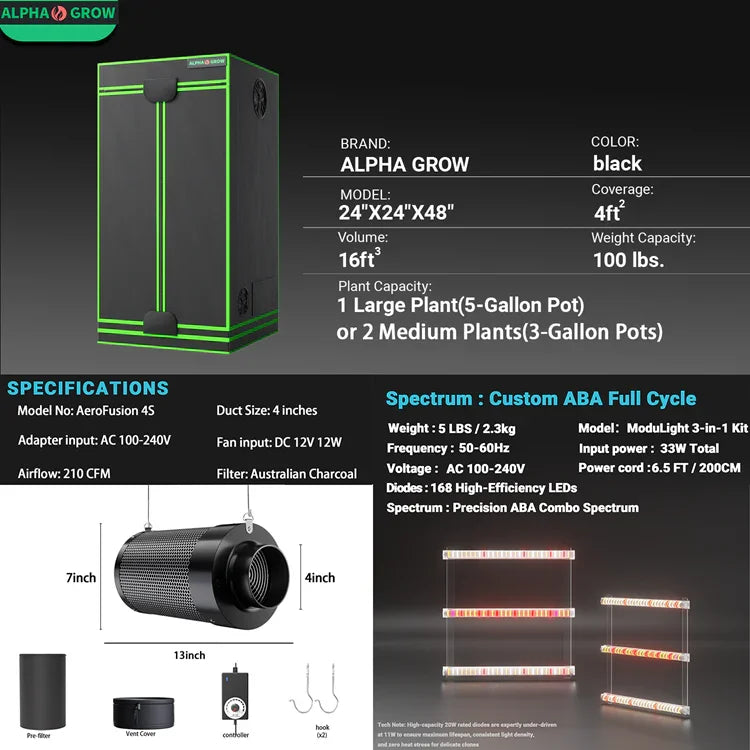 MIMEO Stealth Grow Tent with LED Light & Carbon Filter – Turnkey Indoor Hydroponics Kit