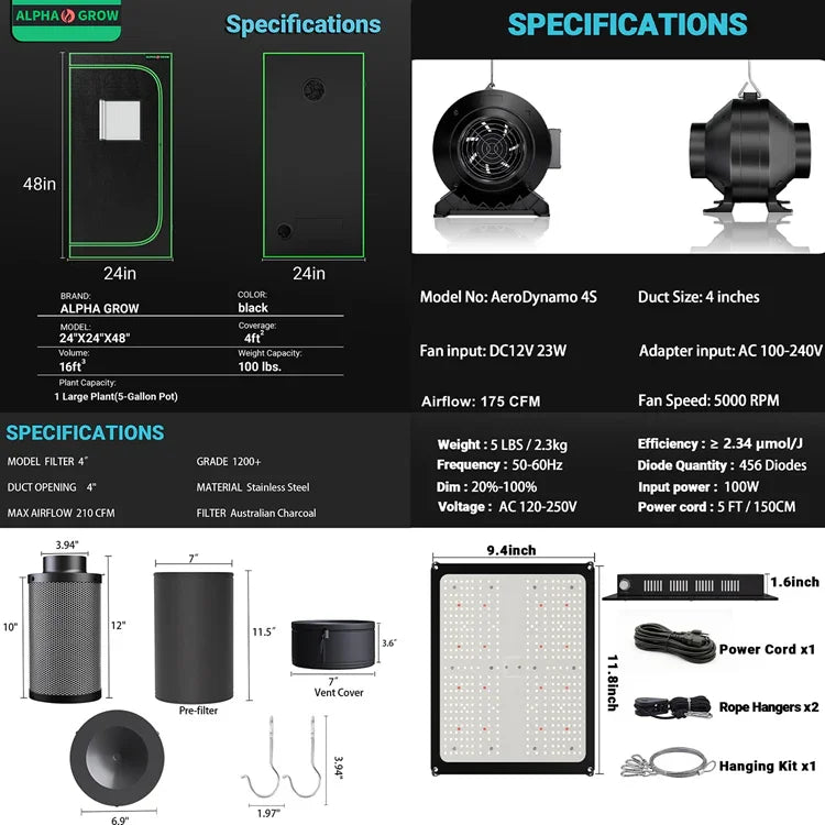 MIMEO Stealth Grow Tent Kit with LED Light, Inline Fan & Carbon Filter for Indoor Hydroponics