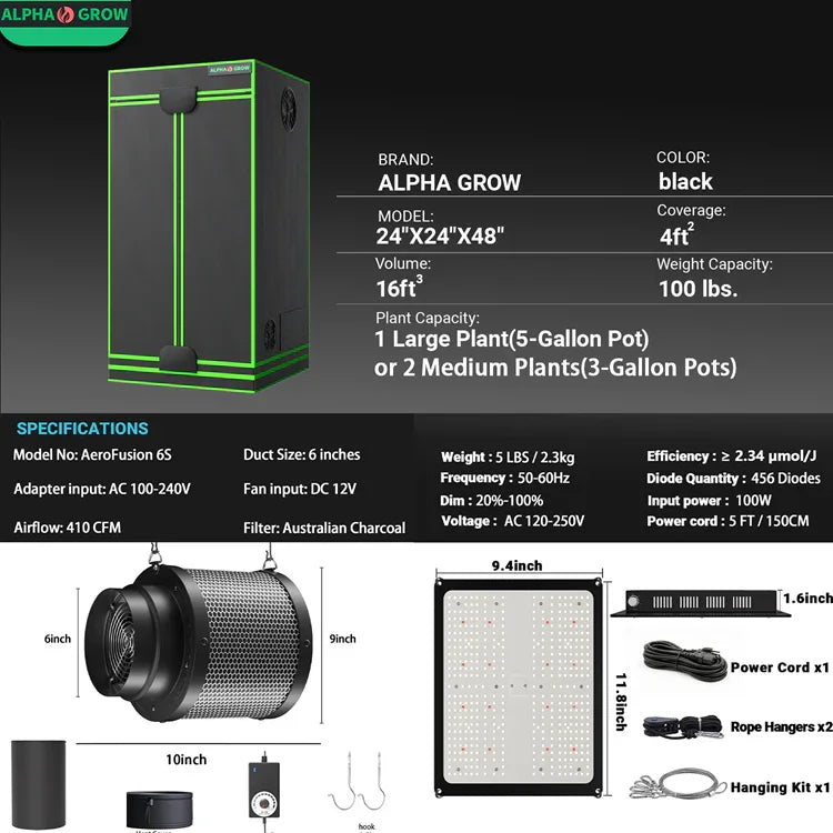 MIMEO Stealth Grow Tent Kit with LED Light, Inline Fan & Carbon Filter for Indoor Hydroponics