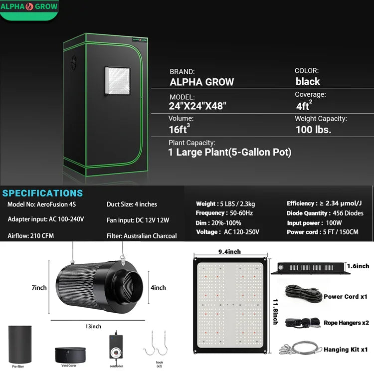 MIMEO Stealth Grow Tent Kit with LED Light & Inline Fan for Indoor Hydroponics
