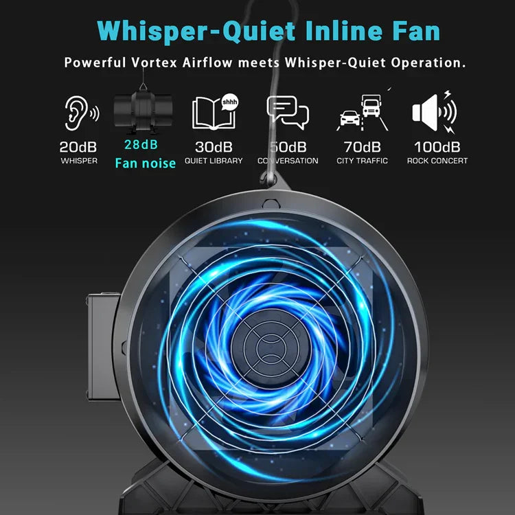 MIMEO Whisper-Quiet Inline Fan for hydroponics & stealth grow tents, 28dB low noise airflow