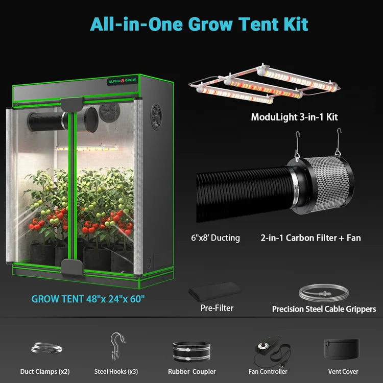 MIMEO All-in-One Grow Tent Kit with LED Light, Carbon Filter & Ducting for Indoor Hydroponics
