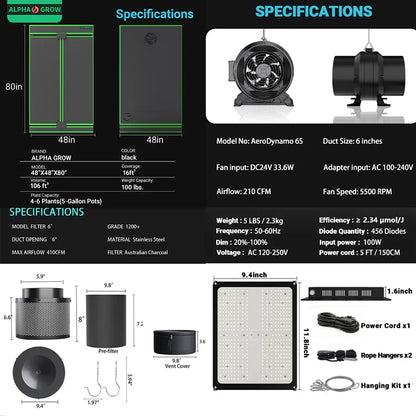 MIMEO indoor hydroponics turnkey kit with LED grow light, inline fan, carbon filter, and grow tent specs