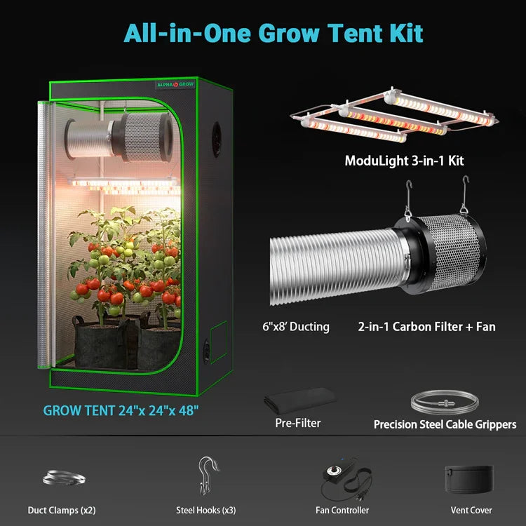 MIMEO All-in-One Grow Tent Kit with LED Light, Carbon Filter & Fan for Indoor Hydroponics