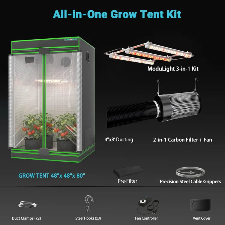 MIMEO All-in-One Grow Tent Kit with LED Light, Carbon Filter & Fan for Indoor Hydroponics
