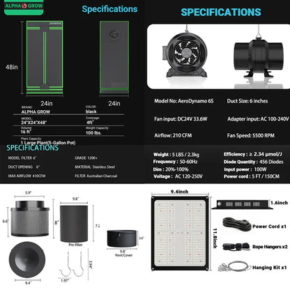 MIMEO indoor hydroponics turnkey kit with grow tent, LED light, inline fan & carbon filter for stealth growing