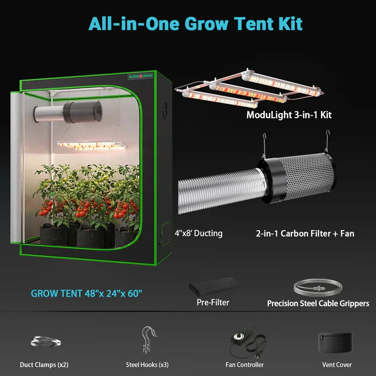 MIMEO All-in-One Grow Tent Kit with LED Light, Carbon Filter & Ducting for Indoor Hydroponics