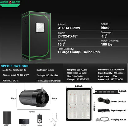 MIMEO indoor grow tent with LED light, inline fan & carbon filter – stealth hydroponics turnkey kit