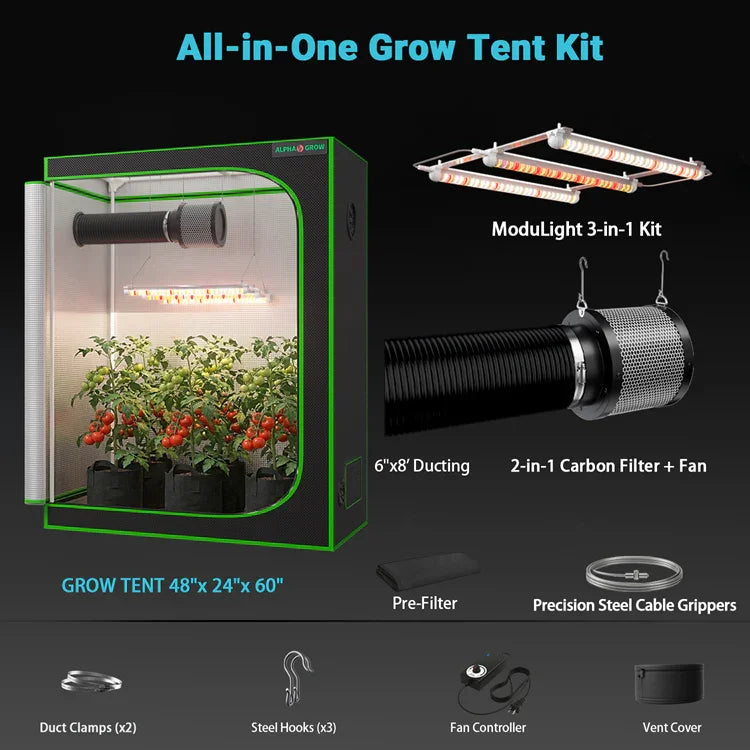 MIMEO All-in-One Grow Tent Kit with LED Light, Carbon Filter & Ducting for Indoor Hydroponics