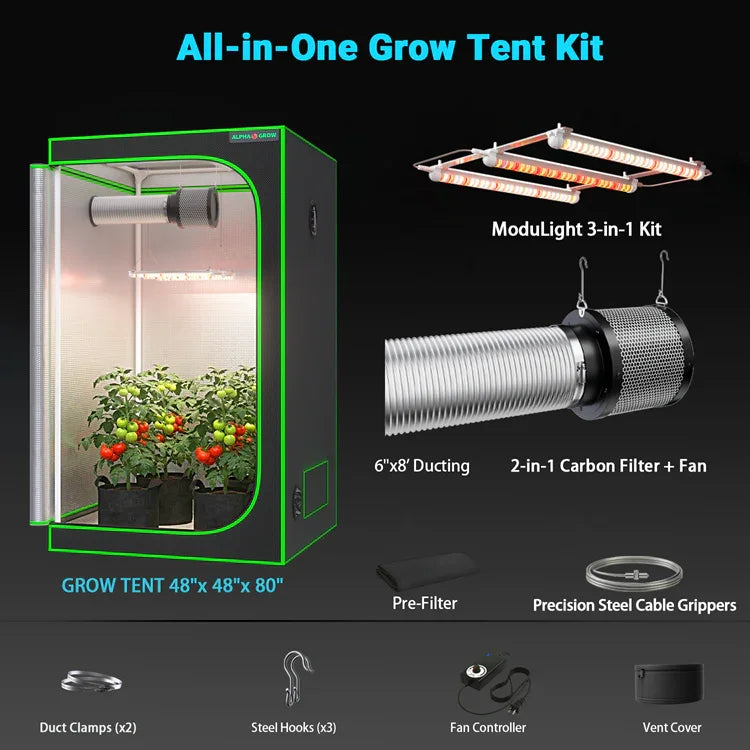 MIMEO All-in-One Grow Tent Kit with LED Light, Carbon Filter & Fan for Indoor Hydroponics