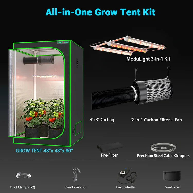 MIMEO All-in-One Grow Tent Kit with LED Light, Carbon Filter & Ducting for Indoor Hydroponics