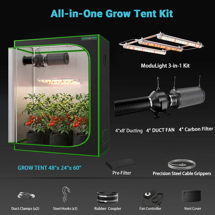 MIMEO All-in-One Grow Tent Kit with LED Light, Carbon Filter & Duct Fan for Indoor Hydroponics