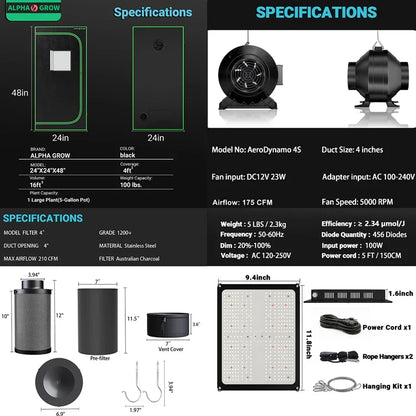 MIMEO Stealth Grow Tent Kit with LED Light, Inline Fan & Carbon Filter for Indoor Hydroponics