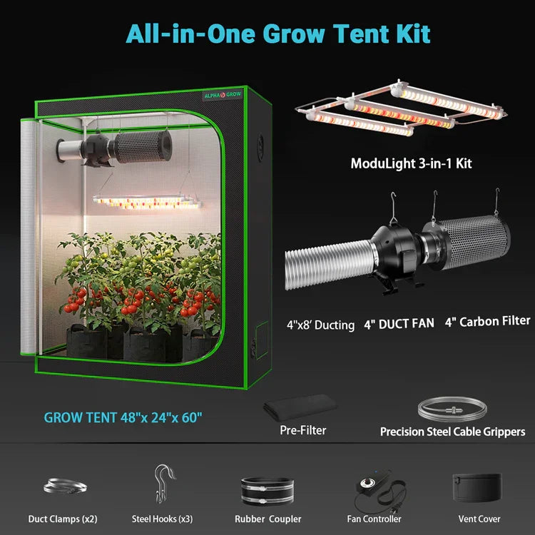 MIMEO All-in-One Grow Tent Kit with LED Light, Carbon Filter & Inline Fan for Indoor Hydroponics
