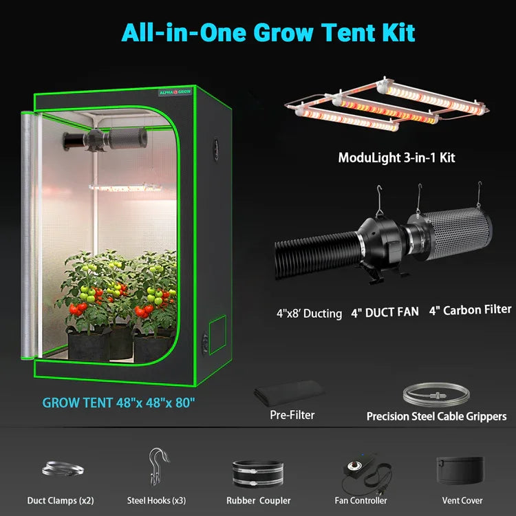 MIMEO All-in-One Grow Tent Kit with LED Light, Carbon Filter & Duct Fan for Indoor Hydroponics