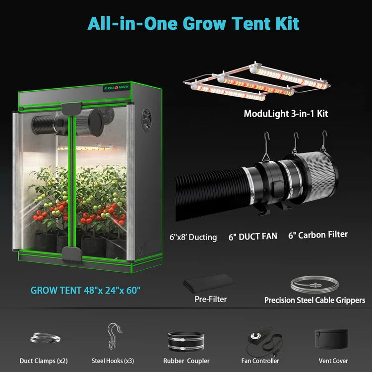MIMEO All-in-One Grow Tent Kit with LED Light, Carbon Filter & Inline Fan for Indoor Hydroponics